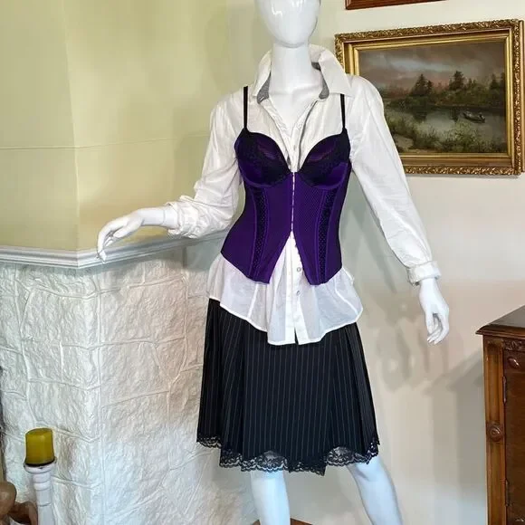 La SENZA Bustier Purple Black Lace Open Cross Back Medium - Picture 5 of 16